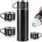 FORNORM Vacuum Insulated Flask with 3 Cups, 500 ml Stainless Steel Thermo Bottle for Coffee Water Hot and Cold Drink Flasks, Gift Box (Black, 500 ML)