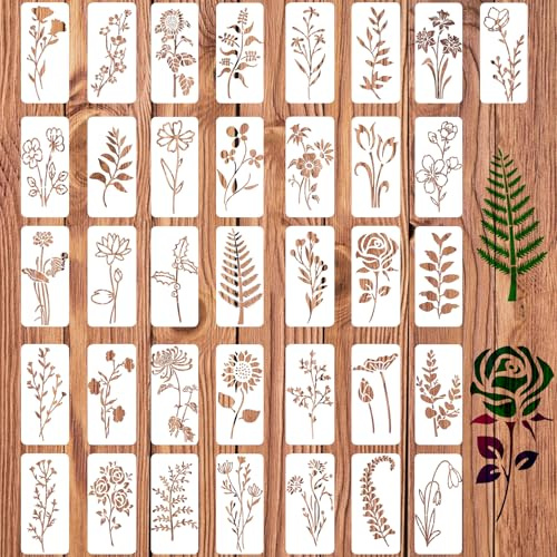 36 Piezas Plantillas de flores, Plantillas de hojas reutilizables Plantilla de dibujo para pintar en madera, pared, muebles