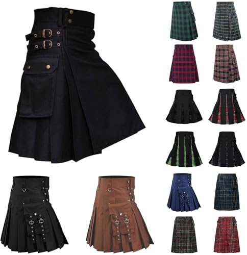 Générique Kilt écossais pour Homme Kilt Utilitaire Tartan Traditionnel des Highlands Jupe à Carreaux avec Poches Traditionnelle Médiévale Écosse Jupe Plissée Vêtements épissure Rétro Noir Steampunk