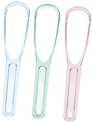 DECORNIJIA Set 3 Pezzi Raschietti per Lingua in Materiale Alimentare Puliscilingua Ergonomico e Sicuro Colore Assortito per Igiene Orale e Alito Fresco Quotidiano