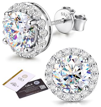 SLLAISS Moissanite Boucles d'Oreilles 0.5-2CT Argent 925 Sterling | Hypoallergéniques Plaquage Or Blanc 16K Clous d'Oreilles Puce Halo Diamant Brillant de Laboratoire Solitaire pour Femme Homme