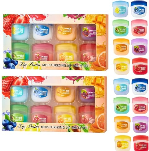 Set de 16 bálsamos labiales, 8 sabores afrutados, mini bálsamos labiales hidratantes, fórmula vegana natural y orgánica para reparar los labios agrietados, cuidado nutritivo profundo