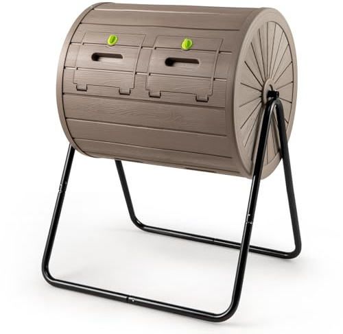 COSTWAY Compostador Giratorio 142 L, Contenedor de Compostaje con Doble Cámara, 2 Puertas Bloqueables, Rotación de 360°, Jardinero Cocina Patio Granja, sin BPA (café)