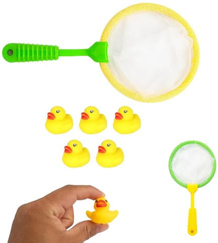 5 Mini Ducks With Net - Bath Time, Yellow Rubber Duck, Water Toys, Summer Fun. Paddling, Pool Games, Bathtub Play, For Boys and Girls