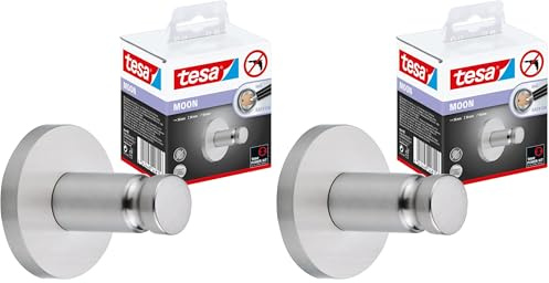 tesa Moon Klebehaken, verchromt, runde Form - Bad-Haken zur Wandbefestigung ohne Bohren, inkl. Klebelösung - 36 mm x 36 mm x 36 mm (Packung mit 2)
