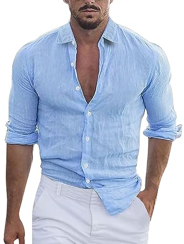 Camisa de Lino Hombre Manga Larga Cuello Mao Verano Playa Casual Transpirable Algodón Suave Fresco Ligero Caballero Slim Fit A189