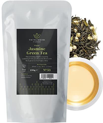 The Tea Makers of London Jasmine Green Tea Loose Leaf - 250g - Natural Blend of Chinese Green Tea & Essential Oil - Sweet & Summery Notes of Jasmine Blossoms