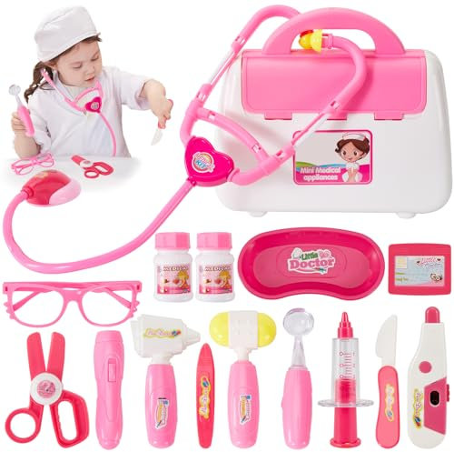 BUYGER Elektronisch Arztkoffer Kinder ab 3 + Jahre, Doktorkoffer mit Stethoskop, Spritze, Thermometer, Arzt Spielzeug Kinder Doktor Rollenspiel Geschenke Mädchen Jungen (Rosa)