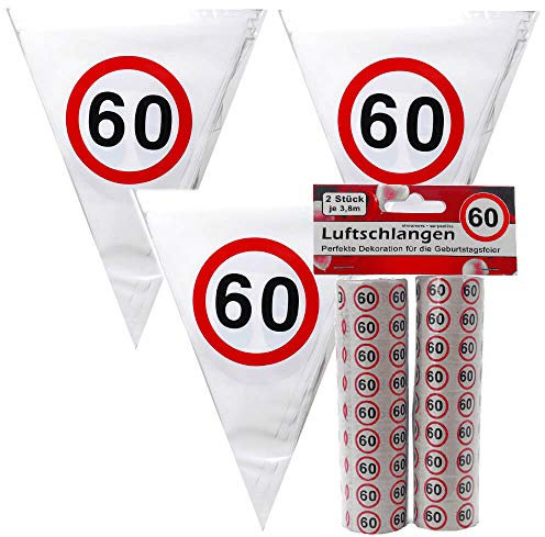 Top Ten Set Luftschlagen & 4 Meter Wimpelgirlande mit 10 Wimpel 19 x 21cm Verkehrsschild 60, Geburtstags Party