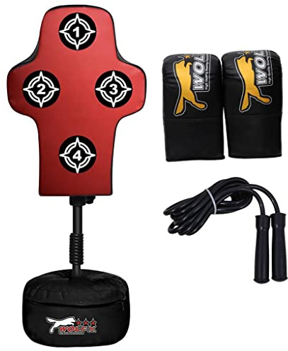Wolfx Body Targeted Free Standing Punch Bag Set - Heavy Duty Adjustable Speed Reflex Training With Gloves, Workout Set for Home Gym (Red)