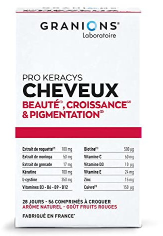 GRANIONS PRO KERACYS - beauté, croissance & pigmentation du cheuveux - Biotine, Kératine, L-Cystine, Vit C, D3, E, Zinc, Cuivre - 56 comprimés à croquer - Fabriqué en France - format 28 jours
