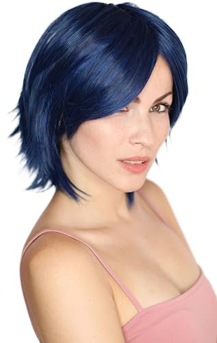 Prettyland blau-schwarz kurze Mittel-lange Perücke mit Pony Gestuft fransig Damen & Herren natürliche perücke Wig C1251