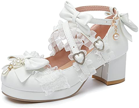 LUXMAX Women's Kawaii Shoes Cross Strap Pumps Cute Ankle Strap Mary Jane Shoes Wedding Lace Mid Chunky Heel Pumps, Size 8.5 M US,White