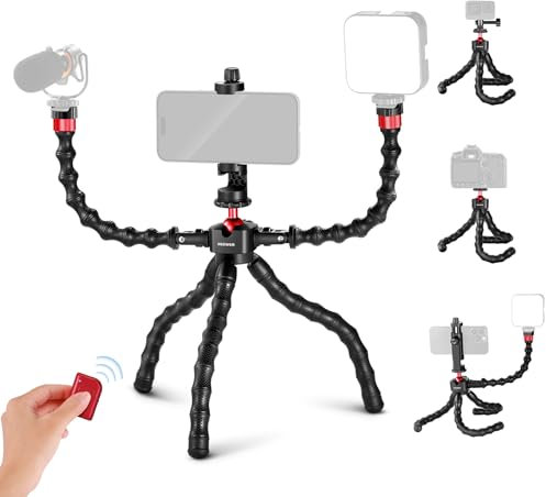 NEEWER T91 Stativ Flexibel mit 2 Magic Arm Reise Mini Handystativ für Vlogging Auslöser/Telefonklemme/Actioncam Halterung kompatibel mit GoPro Hero 13 12 iPhone 16 15 14 Pro Max Sony a7c, max Last 2kg