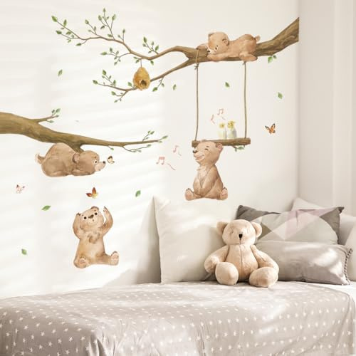 Runtoo Wandtattoo Waldtiere Bär Wandsticker Baum Ast Dschungel Wandaufkleber Kinderzimmer Babyzimmer Mädchen Junge Wanddeko