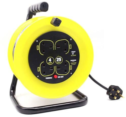 Outdoor Extension Lead 50 M Four Socket Open Cable Reel Extension Lead with Winding Handle 13A 4 Socket Thermal Out and Power Switch High Visibility Cable