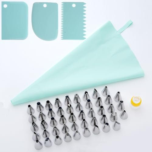 Spritzbeutel mit Tüllen, Spritzbeutel（Tüllen 48 Stück+3 Pcs Teigschaber） Spritzbeutel Wiederverwendbar, Spritztüllen Set, Torten Zubehör mit Spritztüllen Edelstahl für Torten Dekorieren, Kuchen