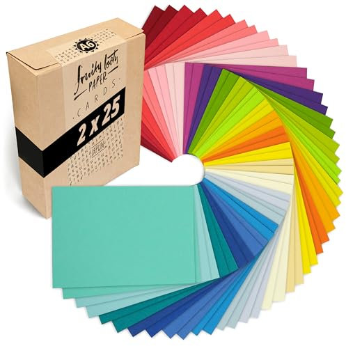Japun - 50 farbige blanko Postkarten/Papier-Karten (2 x 25 Farben), zum Selbstgestalten, beschriften oder bedrucken - din A6-250 g/m² - bunt