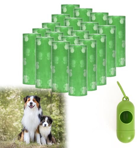 Miayical Hundekotbeutel 300 Tüten/20 Rollen, Auslaufsichere Kotbeutel mit Spender, Müllbeutel für Hunde, Biologisch Abbaubare Hundekotbeutel, Auslaufsicher, Extra groß, Wasserfest, Reißfest, Grün