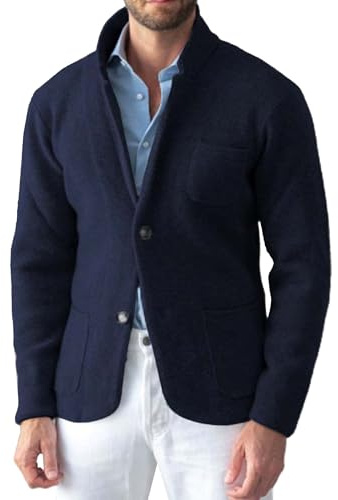 SWJGLITTR - Giacca in maglia da uomo, con colletto button down, cardigan con scollo a V, maglioni con bottoni grossi, giacca da abito in lana con colletto button down, Blu navy, XL