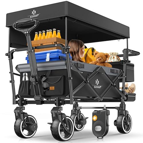 KESSER® Bollerwagen Faltbar GTS-9100 mit Dach Handwagen Transportwagen klappbar belastbar bis 150kg mit Hartgummi-Räder & Feststellbremsen Vorne/Hinten Inkl. Schloss, Abdeckung, Wetter & Sichtschutz