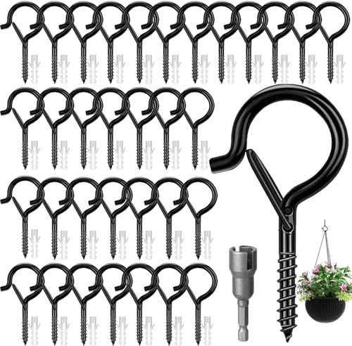 Feluxor Crochet à Visser avec Boucle de Sécurité 36 Pièces Piton à Visser Noir Crochet de Terrasse avec Écrou à Oreilles Pour Suspendre des Paniers à Plantes, Mangeoires à Oiseaux, Lanternes,Tasse