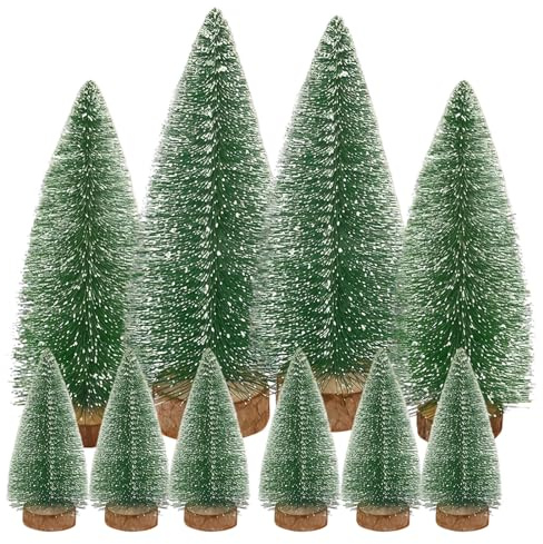 10 Pcs Mini Christmas Trees,Small Artificial Bottle Brush Trees with Wooden Base,Snow Frosted Miniature Xmas Trees for Tabletop Decorations,Christmas Village,Winter Craft DIY Projects