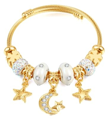 ATE Charm Pulsera Abalorio Pulsera con Dijes Acero Inoxidable Chapado en Oro Pulsera Abierta Estilo Vibrante B212-5 (Fresa)