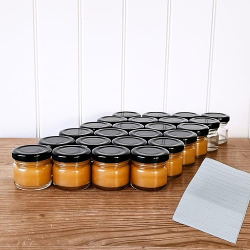 OOPS TOYS Juego de 24 tarros de conservas de 30 ml mini con tapa negra, tarros de mermelada con tapa de rosca, mini tarros con etiquetas, tarros pequeños (negro, 24 unidades)