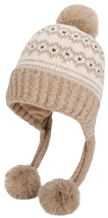 Dam vinter stickad mössa hatt sherpa fodrad stickad med öron fuskpäls pom mjuk tjock kabel pompom vardaglig skidåkning varm skalle keps, Khaki-B, one size