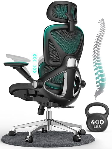 CAPOT Ergonomic Mesh Office Chair, Adjustable Lumbar High Back Desk Chair 400lbs, 4D Flip-up Arms, 3 Tilt Backrest, 3D Headrest, PU Wheels, Swivel Rolling Computer Seating for Long Desk Work