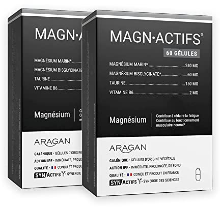 ARAGAN - Synactifs Lot de 2 Magnactifs - Complément Alimentaire Fatigue, Equilibre Nerveux, Stress - Magnésium, Taurine, Vitamine B - 120 gélules - 2 à 3 mois de prise - Fabriqué en France