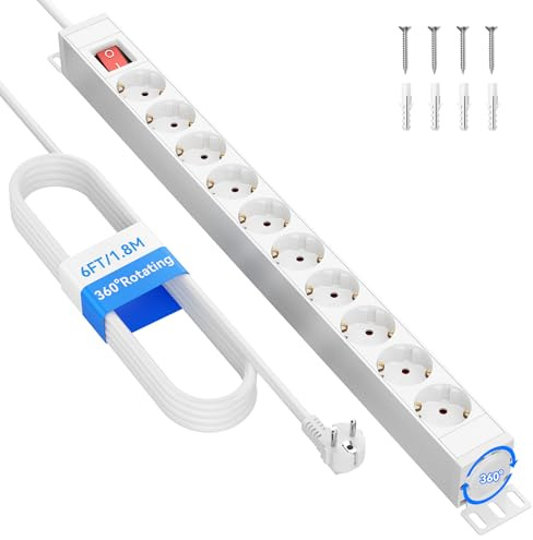 Sewingvr 10-Fach Steckdosenleiste mit Überspannungsschutz, 360° drehbare Mehrfachsteckdose zur Wandmontage, 1,8 m Kabel, 16A/4000W, für Büro & Zuhause, Weiß