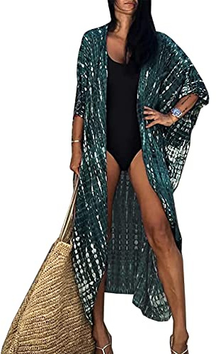 HYUET Robe de Plage Femme Été Kimono Bikini Cover Up Tunique Cardigan Imprimé Caftan Grande Taille Kaftan Bohème Maxi Longue Fluide Maillot de Bain Boho Sarong Beachwear Longue Gilet