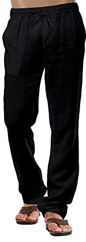 CTU Mens Linen Trousers Casual Cotton Trouser Summer Beach Pants Lightweight Drawstring Trousers Black XL