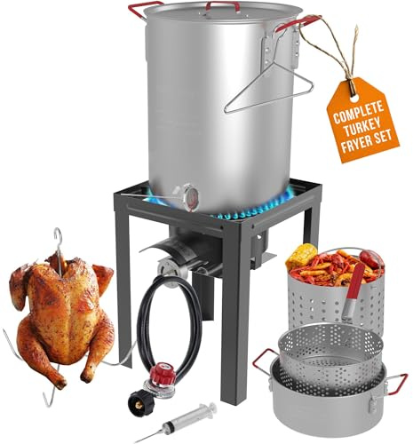 GasOne kalkon fritös 30 QT spis set och 10 QT fiskfritös krita fiskpanna ångkokare komplett set, svart