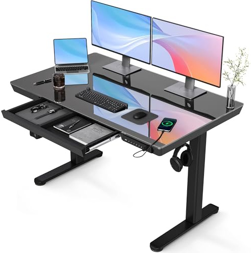 Claiks Glass Standing Desk with Drawers, 120×60 cm Adjustable Stand Up Desk, Quick Install Home Office Computer Desk with USB Ports, Black