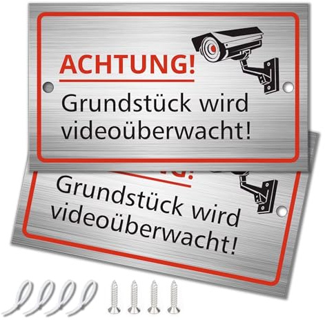 2 Stück Videoüberwachung Schild, 10x6cm Aluminium Schilder Kameraüberwachung, Achtung Videoüberwachung für Privatgrundstück mit Selbstklebend und 2 Bohrlöcher, Schild Videoüberwachung, Warnschild