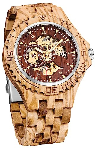 Tiong Orologio sportivo meccanico in legno quadrante digitale cavo cinturino in legno con lancette luminose orologio meccanico uomo