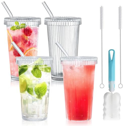 DAZZTIME Verre Vintage Style Origami,Verres à Long Drink,375 ml,4 Pièces Verre avec Couvercle et Paille,Verre Bubble Tea Réutilisables,pour Smoothies, Thé, Cola,Jus De Fruits,Soda,Cocktails