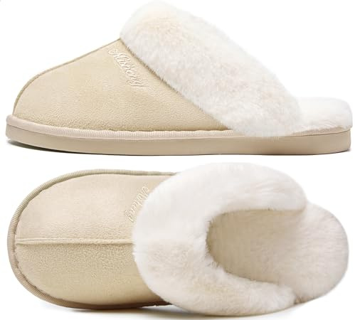 Donpapa Zapatillas de Estar por Casa Mujer Hombre Invierno Peluche Cálido Pantuflas Memory Foam Comodas Confortables Antideslizante Interior Exterior Mustard Seed Natural 36.5-38