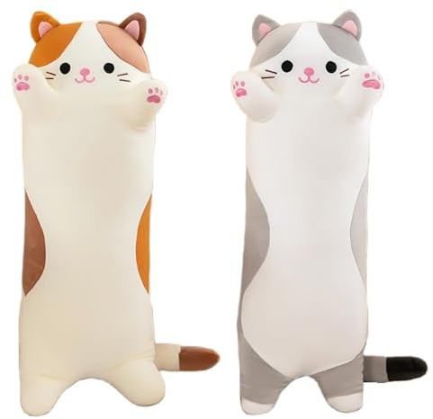 Amozo Chat en Peluche Coussin de Chat Long Oreiller Animé Peluches Geante Chat Doux Jouets Doux Poupée Cadeaux pour Enfants Adultes, 1pcs, Neuf Gris/70cm