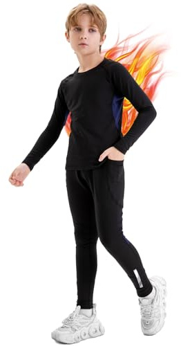 Aiseyi Set di Intimo Termico per Bambini, Strato di Base Caldo in Pile con 2 Tasche, Intimo Termico a Maniche Lunghe Traspirante ad Asciugatura Rapida per Calcio, Sport Sci per Ragazzi e Ragazze, Nero