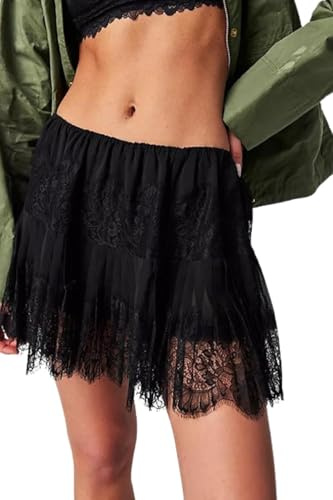 Fiacafyo Women Y2k Lace Mini Skirts Low Rise Pleated Ruffle Half Slip Skirt Fairy Mesh Floral Layered Short Mini Skirts Underskirt (A-Black, S)