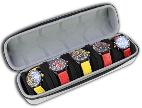 Juntan 5 Slots Uhrenbox Hard Watch Reiseetui, Tragbarer Nylon Reißverschluss Aufbewahrungsorganizer für Männer und Frauen mit weichem komprimierbarem Schaumstoffkissen Silber