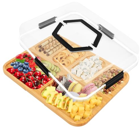 Charcuterie Boards with Lid, Wooden Charcuterie Board with Compartments Snack Board, Cheese Board with Lid Covered Food Board, Cheeseboard Gift for Picnic Camping, Boards (6 compartments)