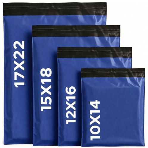 100 Mixed Blue Parcel Bags – Tamper-Proof Self-Seal Mailing & Postage Bag for Shipping, Packaging & Delivery – 4 Assorted Sizes 25 of Each (XS to Large)