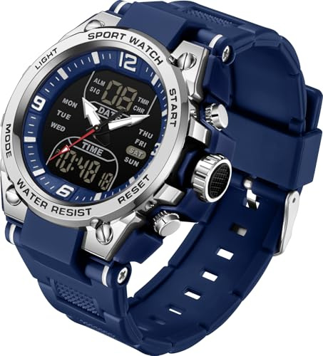 Men's Watch Sport Waterproof Military Watches Outdoor Tactical Digital Analogue Watch Electronic Wrist Watches with LED Stopwatch Countdown Alarm Dual Time Big Face