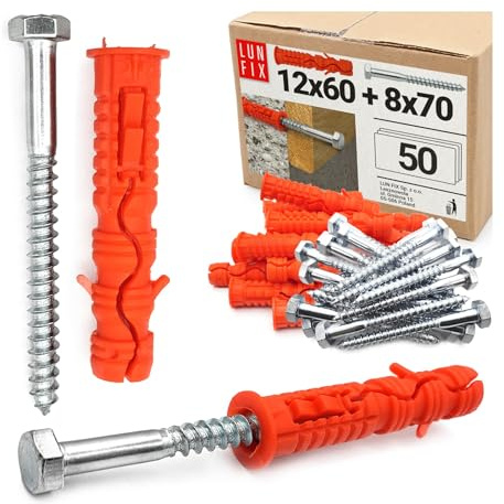Lot de 50 chevilles 12 x 60 mm avec vis à tête hexagonale 8 x 70 mm - Chevilles à percussion et chevilles pour charges lourdes pour béton, brique, blocs creux, nylon et galvanisés, compatibles DIN 571