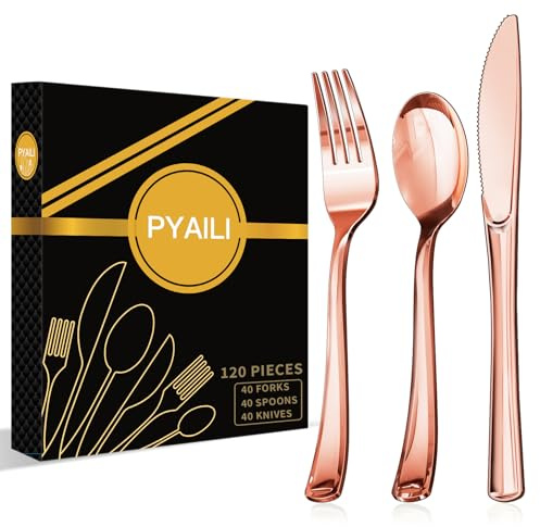 PYAILI 120 Juego de Cubiertos Reutilizables de Plástico Oro Rosa: 40 Cuchillos, 40 Tenedores y 40 Cucharas para Bodas, Cumpleaños, Fiestas y Eventos